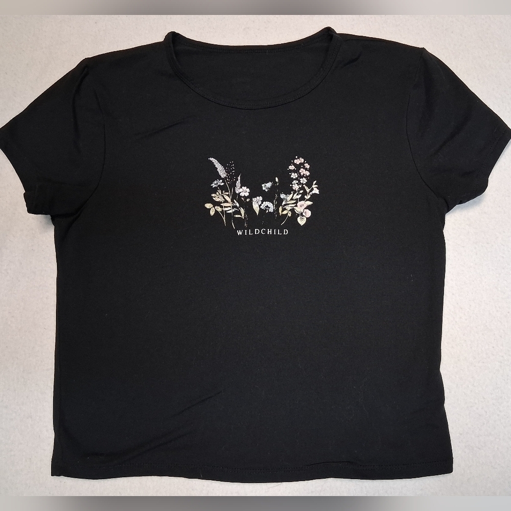 4/20$ Black Graphic Tee with Floral Design